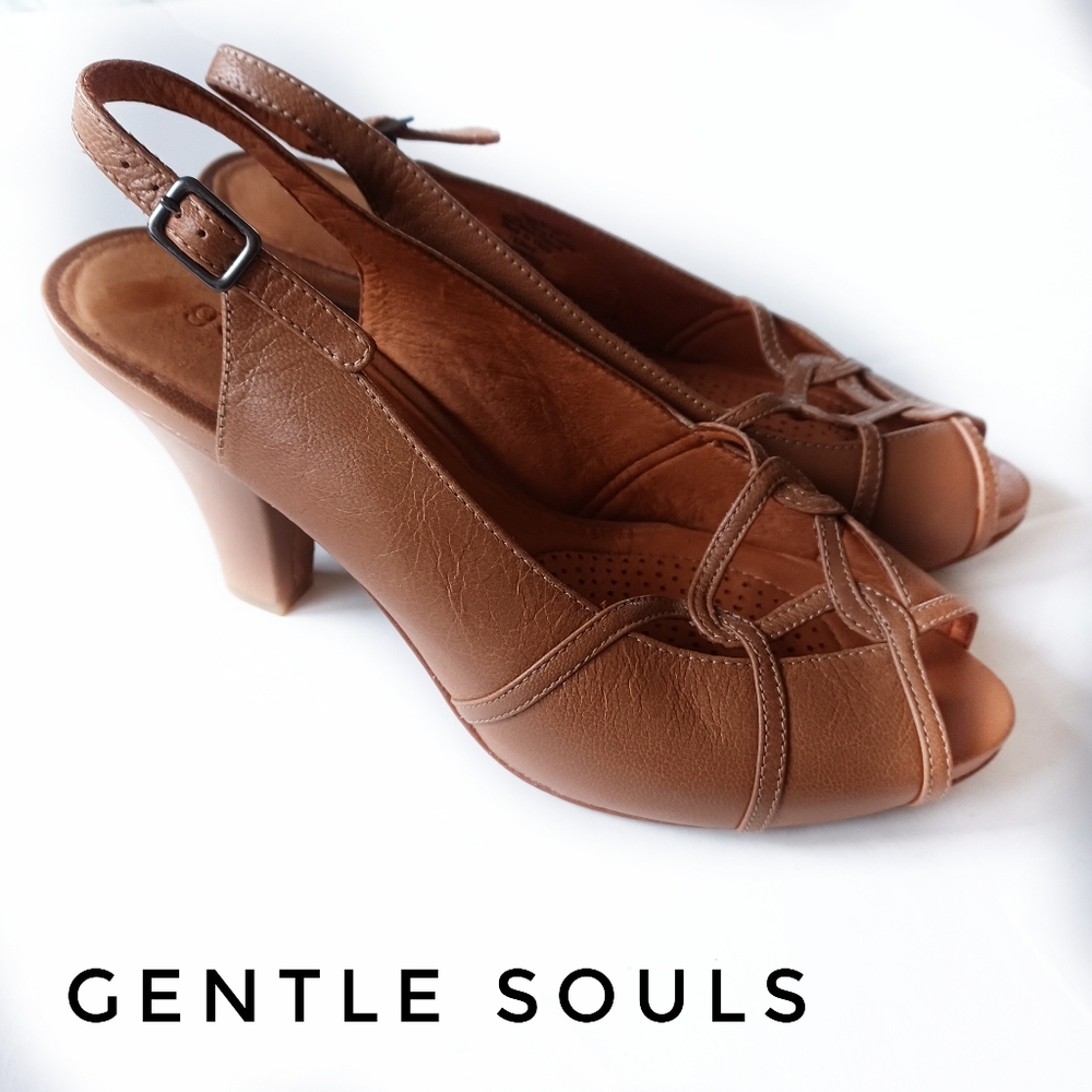 Gentle Souls leather peep toe sling back heel tan